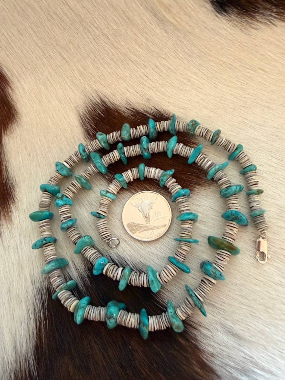❤️ 24” Shell Heishi Beads & Turquoise Navajo Artisan Necklace Sterling Lobster - Picture 6 of 11
